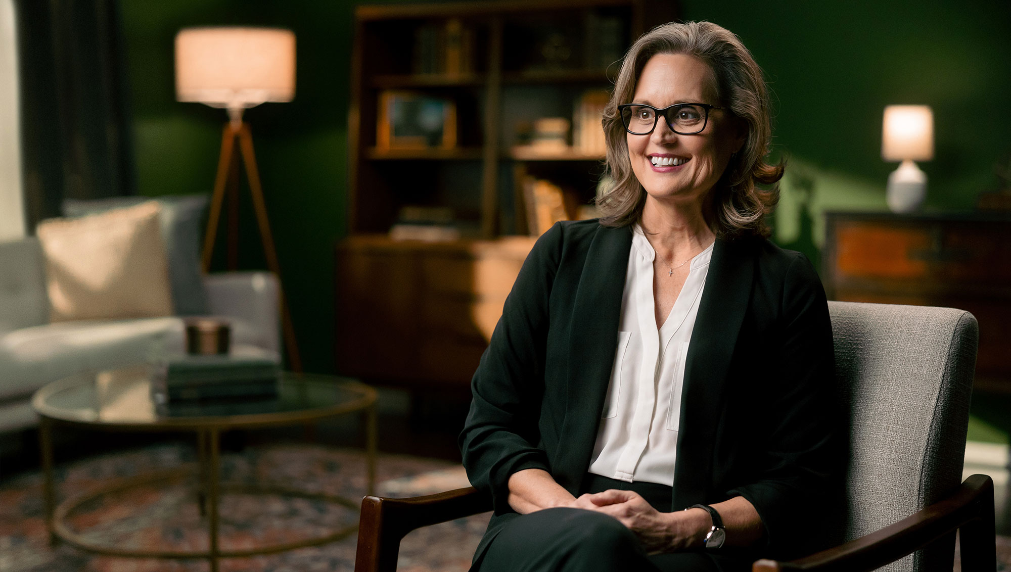 Woman interviewee on video set